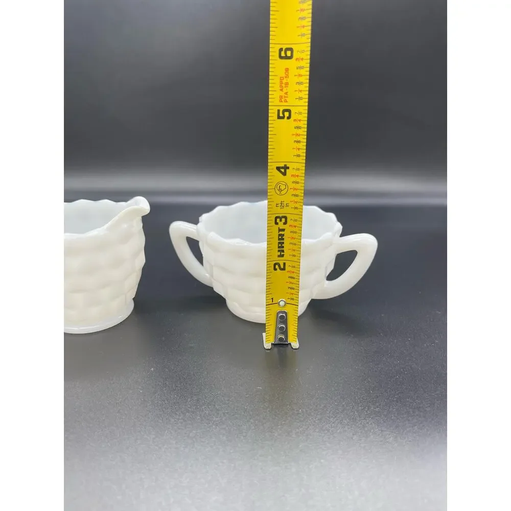 Vintage Hazel Atlas Milk Glass Sugar & Creamer Cubist Cube Pattern
